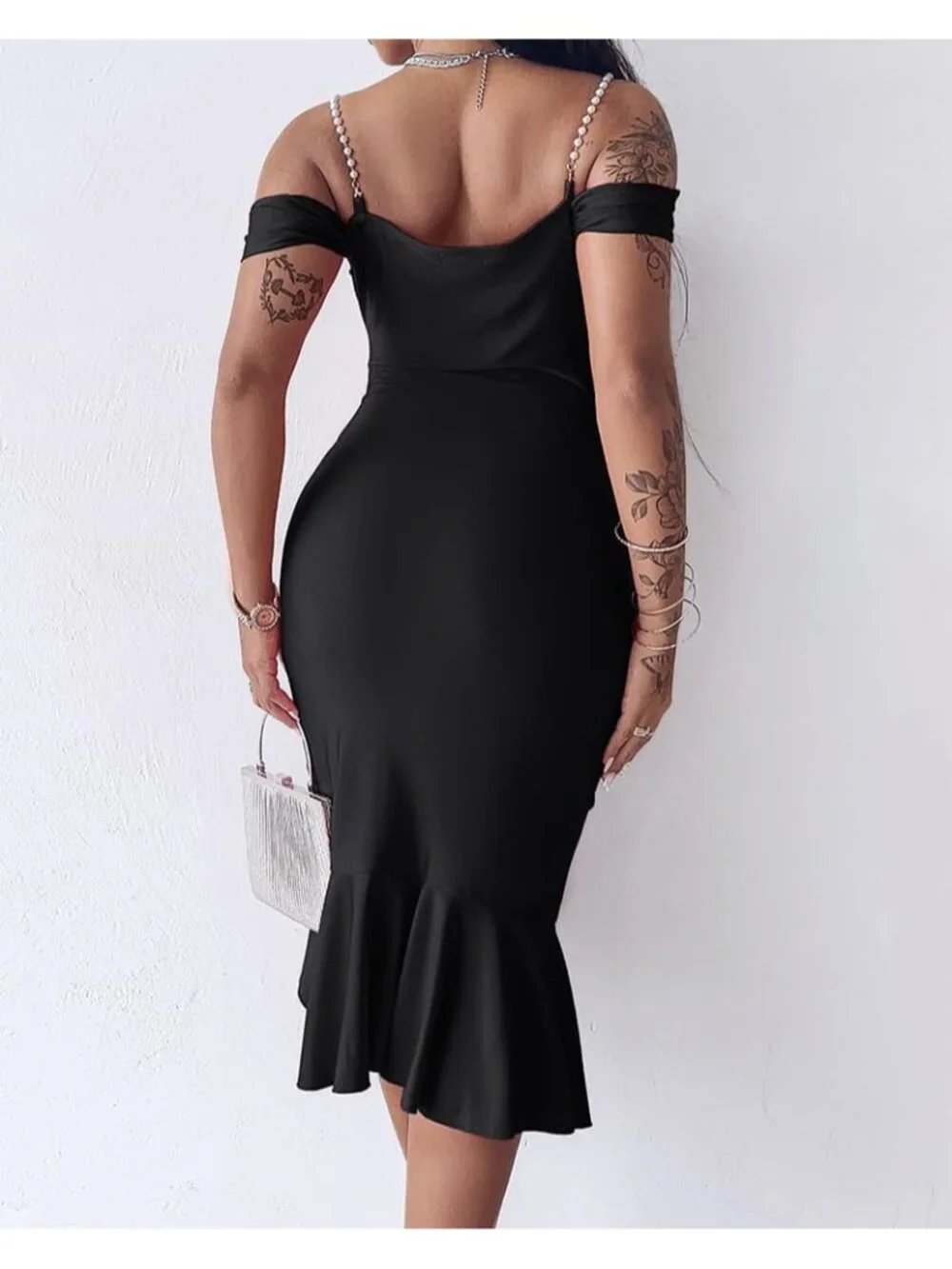 👗Women's Black Off Shoulder Design Cocktail  Pearls Strap Bodycon Midi Dress
